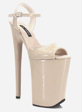 20/23/2６厘米超高跟钢管舞鞋欧美时尚漆皮杏色舞台走秀表演凉鞋