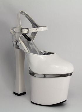 20CM超高跟鞋粗跟演出鞋车模舞台欧美宴会鞋夜店模特白色单鞋大码