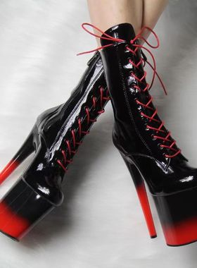 IDEAL MA 17-20厘米超高跟钢管舞短筒靴圆头黑红色欧美时装细跟靴