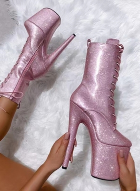 新款IDEAL MA 20CM超高跟钢管舞鞋短靴珠光镜面舞台厚底演出靴子