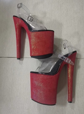 新款演出钢管舞鞋17cm20厘米模特走秀性感红色绒幻彩时尚高跟凉鞋