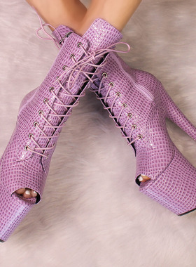 新款20公分走秀马丁靴防水台高跟鱼嘴紫色鳄鱼纹短靴模特钢管舞靴