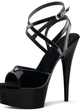 新款15cm高跟鞋绑带细跟凉鞋防水台鱼嘴夜场走秀性感黑色女鞋