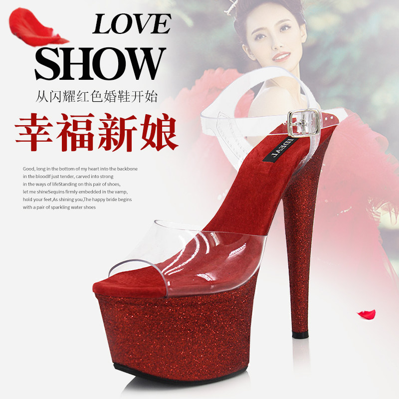 婚鞋女2019新款结婚水晶伴娘高跟定制17cm红色敬酒细跟新娘婚纱鞋