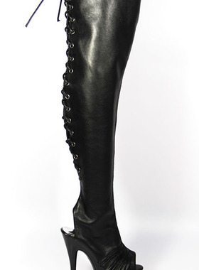 15cm高跟鞋靴子性感夜店细跟过膝长筒绑带大码黑色钢管舞靴冬季女