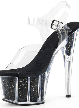 2018新款演出钢管舞鞋17CM15透明超高细跟走秀水晶防水台拍照凉鞋