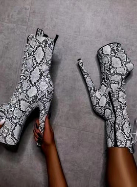 20厘米蛇纹超高跟钢管舞脚踝短靴系带欧美时尚夜店舞台表演高跟靴