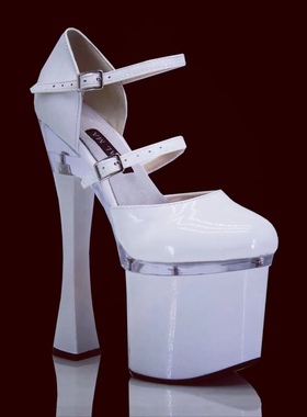 20厘米性感高跟鞋白色包头新娘婚鞋粗跟超高单鞋舞台演出礼服女鞋