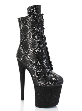 新款20厘米钢管舞高跟短靴蛇纹黑色时尚欧洲T台走秀表演高跟鞋