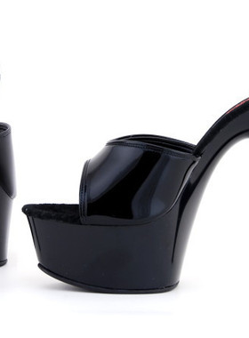 15厘米厚底高跟鞋黑色漆皮凉拖水晶凉鞋超高跟夜店性感情趣演出鞋