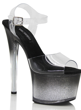 IDEAL MA新款模特走秀鞋17CM细跟渐变黑凉鞋演出夜店高跟钢管舞鞋