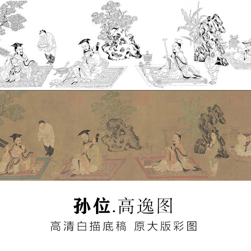 工笔画高逸图古画长卷竹林七贤图白描底稿线稿初学者临摹宣纸画稿