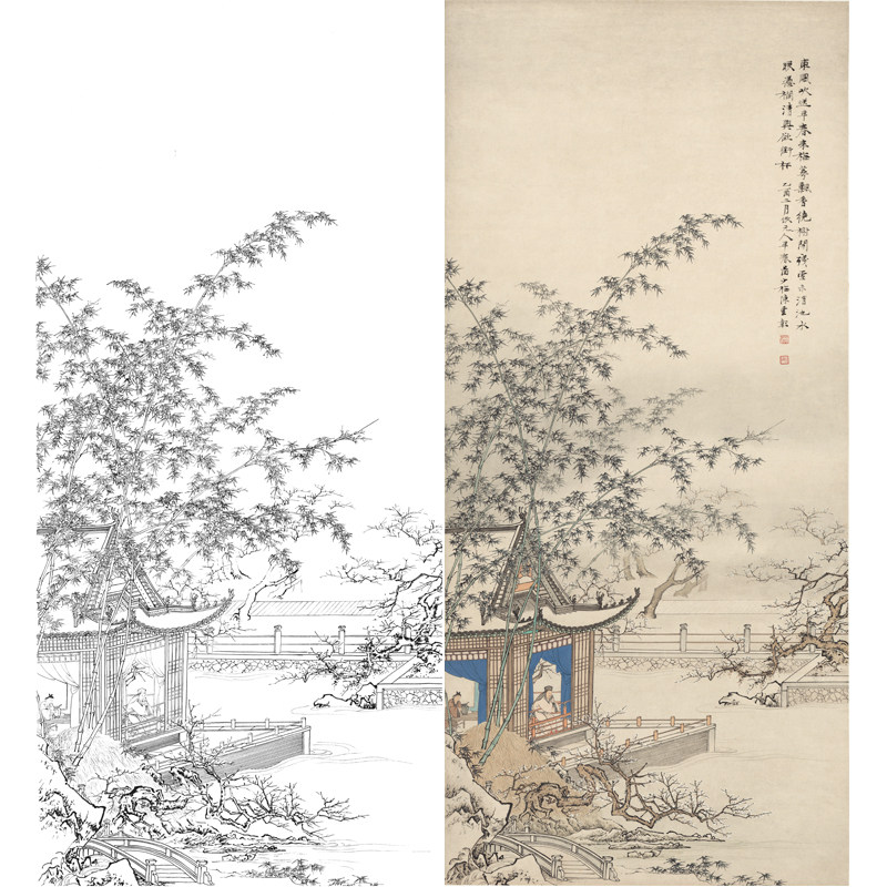 陈少梅工笔画梅萼飘香图白描底稿国画山水画临摹勾线练习稿打印稿