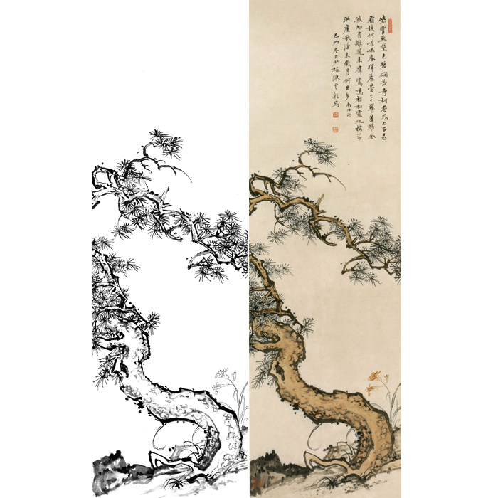 山水松树白描底稿工笔画国画风景条幅画线描临摹勾线练习打印稿画