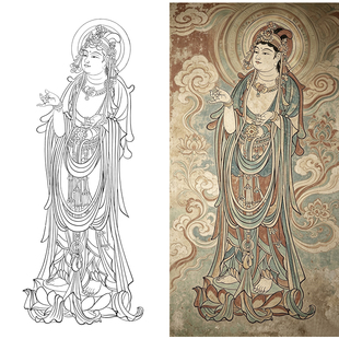 高清素材敦煌壁画榆林窟工笔画白描底稿佛像人物菩萨练习透稿国画