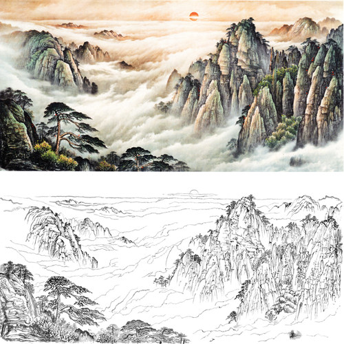 黄山迎客松山水白描底稿横幅