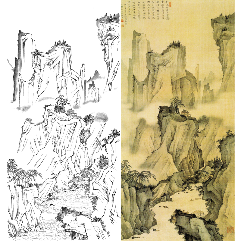 工笔画山水画白描底稿青绿山水画勾线临摹练习山石打印稿装饰画