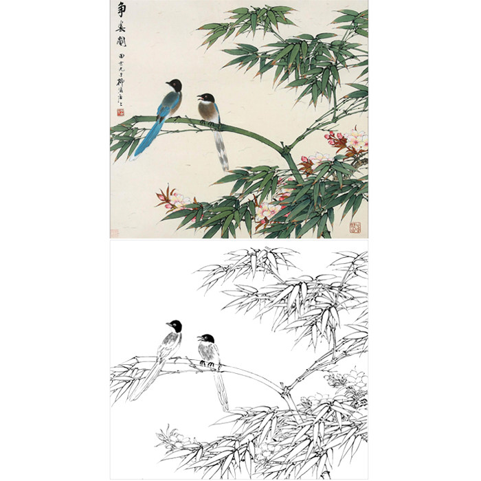 工笔画花鸟画白描底稿喜鹊竹子国画小品画稿临摹勾线练习打印画稿