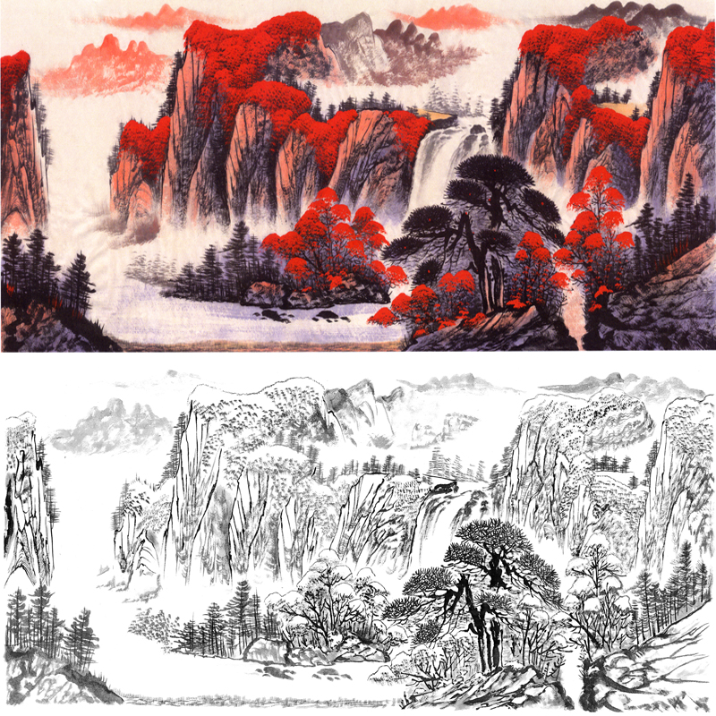 工笔画鸿运当头山水画白描底稿靠山图国画稿现代临摹勾线宣纸打印