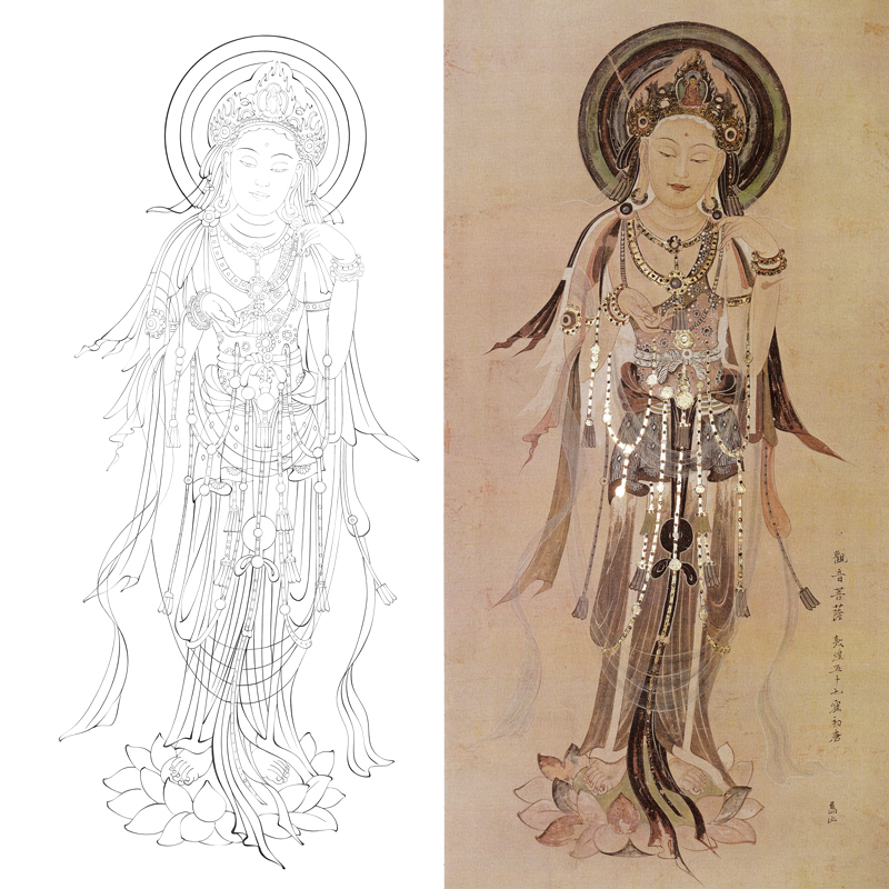 工笔画敦煌壁画莫高窟眼观音菩萨熟宣纸直接上色白描线稿实物画稿