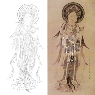 工笔画敦煌壁画莫高窟眼观音菩萨熟宣纸直接上色白描线稿实物画稿
