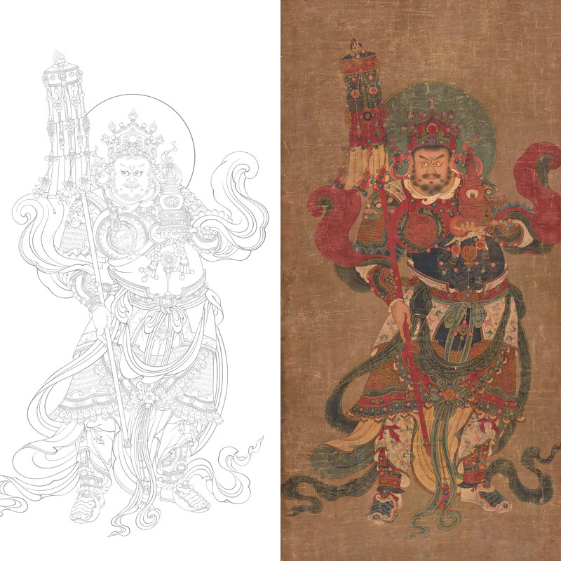 四大天王白描底稿国画多闻天王金刚力士工笔画临摹勾线练习打印稿
