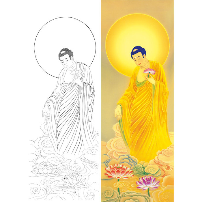 阿弥陀佛西方三圣工笔画白描底稿国画人像线描临摹勾线练习打印稿