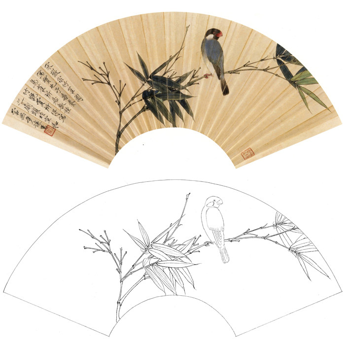 扇形高清工笔画白描底稿花鸟竹子蜡嘴国画翠竹临摹勾线练习打印稿