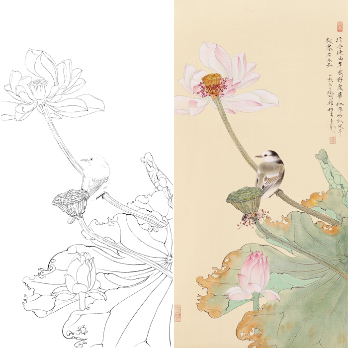 工笔画荷花花鸟画白描底稿国画临摹勾线练习四尺六尺线描打印稿子 家居饰品 国画 原图主图