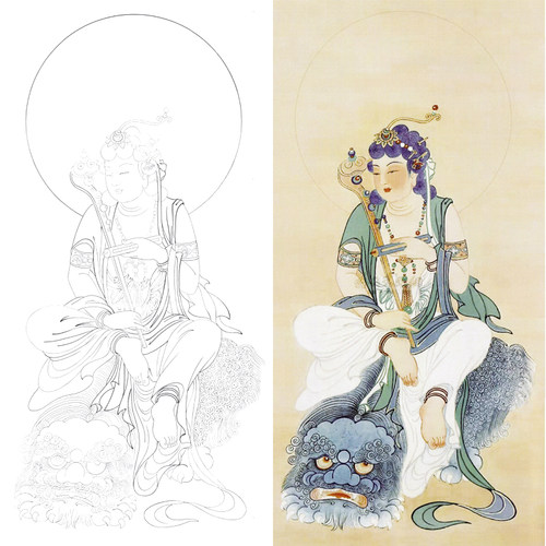 观音菩萨佛像线稿白描底稿初学者
