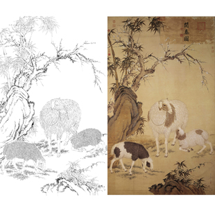 郎世宁三羊开泰工笔画白描底稿古画国画临摹勾线练习打印稿