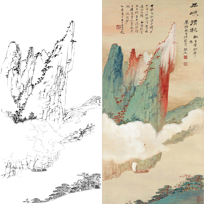 白描底稿工笔画山水画青绿