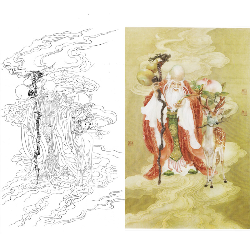 国画工笔画寿星人物祝寿图白描底稿临摹勾线练习打印稿大尺寸画