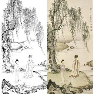 工笔画人物仕女图白描底稿山水画人物国画线描临摹勾线练习打印稿
