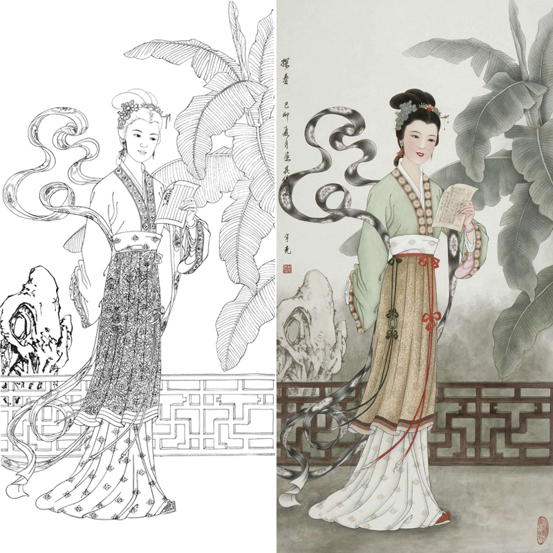 工笔国画白描底稿美芳传统仕女红楼人物底稿实物勾线白纸宣纸印刷