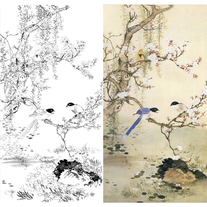 工笔画喜鹊花鸟花卉白描底稿国画装饰画宣纸稿临摹勾线练习打印稿