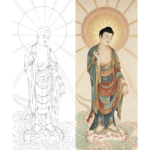 工笔画白描底稿阿弥陀佛接引图