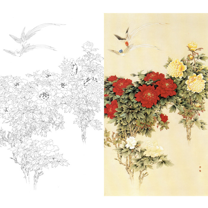 牡丹花白描底稿国画工笔画四尺竖幅绶带鸟线描临摹勾线练习打印稿