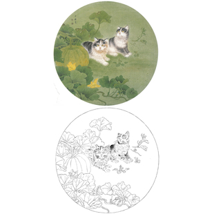 工笔画猫咪南瓜图花鸟画白描底稿国画临摹勾线练习打印稿实物线描