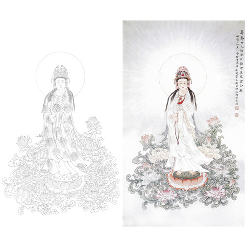 白描底稿工笔画观音像画