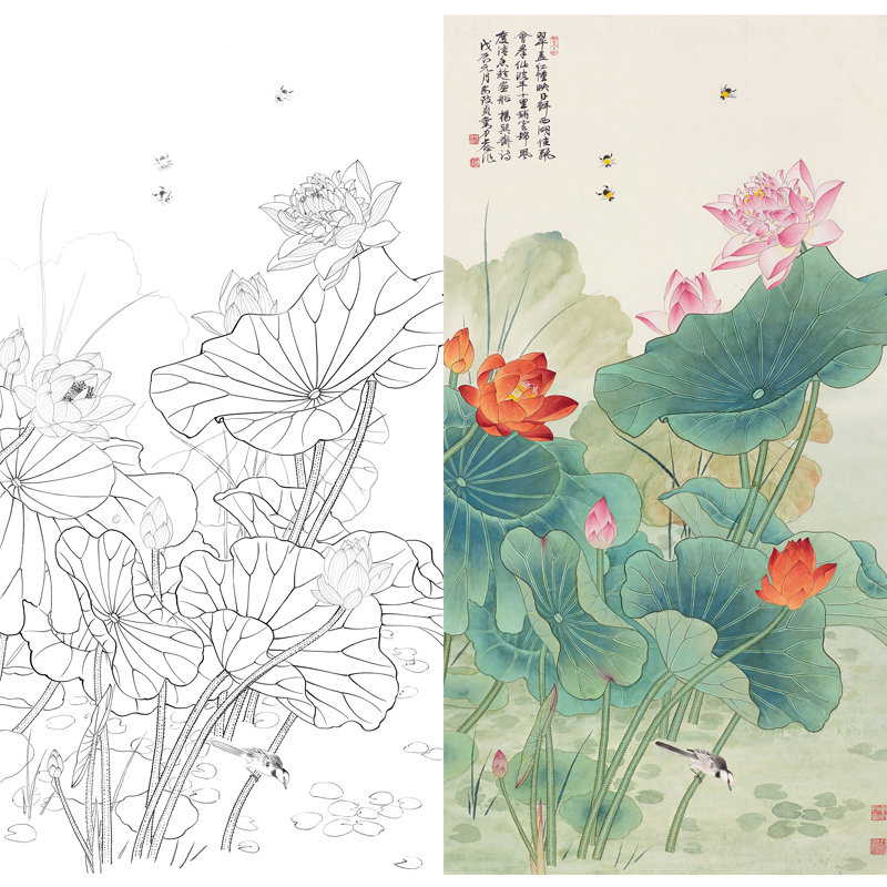 工笔画牡丹花卉花鸟白描底稿