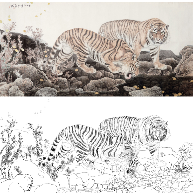 工笔画老虎底稿线描样稿子图片喷绘打印美术临摹学习艺术国画素材