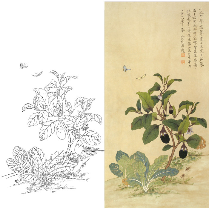 工笔画茄子蔬菜白描底稿国画花鸟线描素材画稿临摹勾线练习打印稿