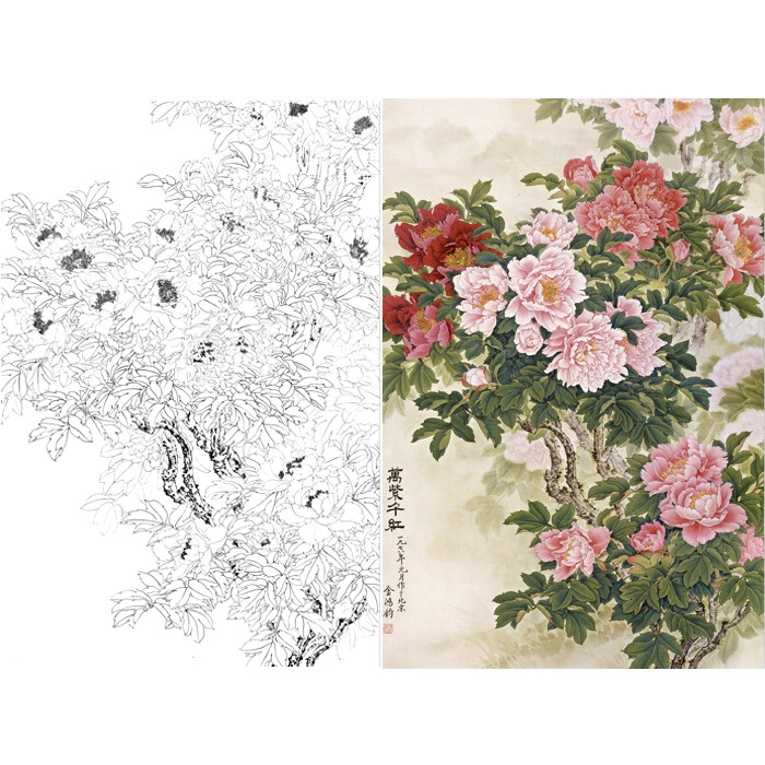 牡丹花工笔画白描底稿国画牡丹花鸟画临摹勾线练习打印稿线描画稿