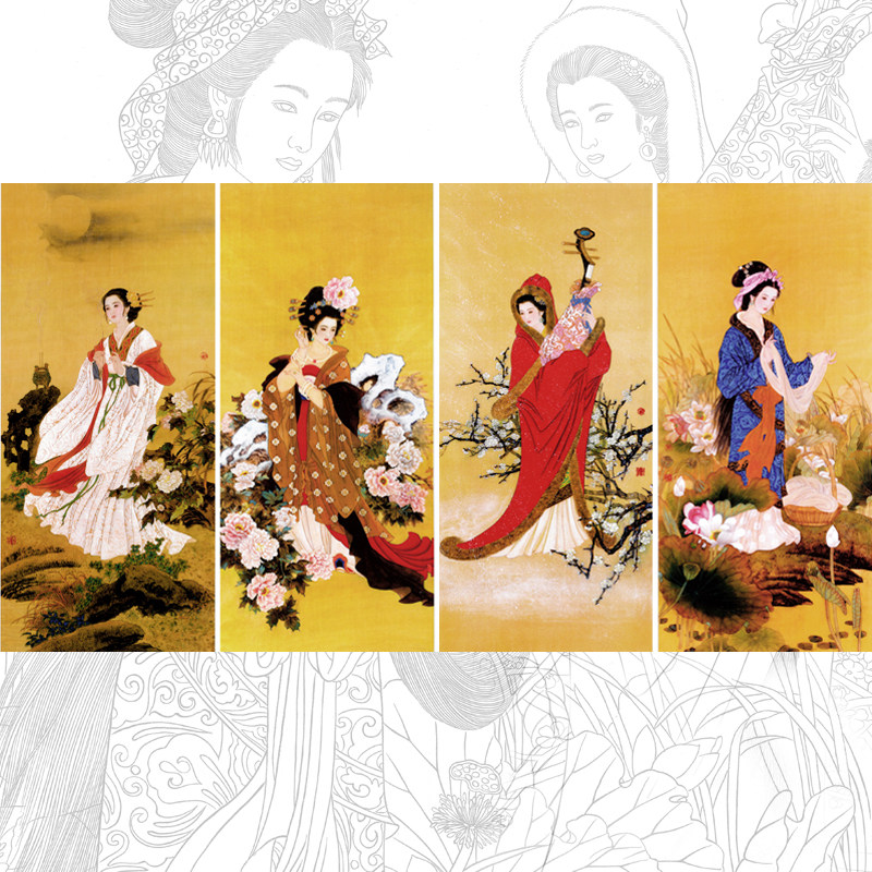 传统工笔人物画四大美女白描底稿线描稿练习稿实物打印稿画子素材