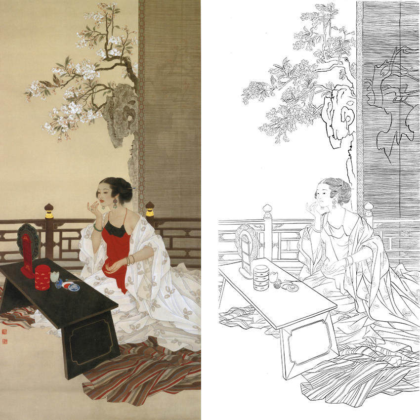 工笔画四尺六尺白描底稿人物美芳仕女线描稿临摹打印稿宣纸画