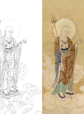 工笔画白描底稿地藏王菩萨人像线描稿国画竖幅临摹勾线练习打印稿