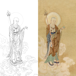 工笔画白描底稿地藏王菩萨人像线描稿国画竖幅临摹勾线练习打印稿