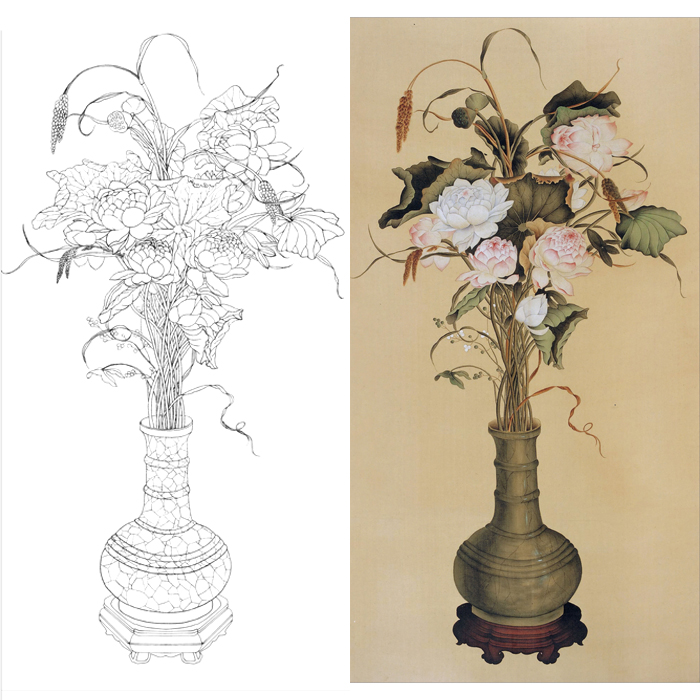 郎世宁富贵平安工笔花瓶花卉白描底稿国画牡丹临摹勾线练习打印稿