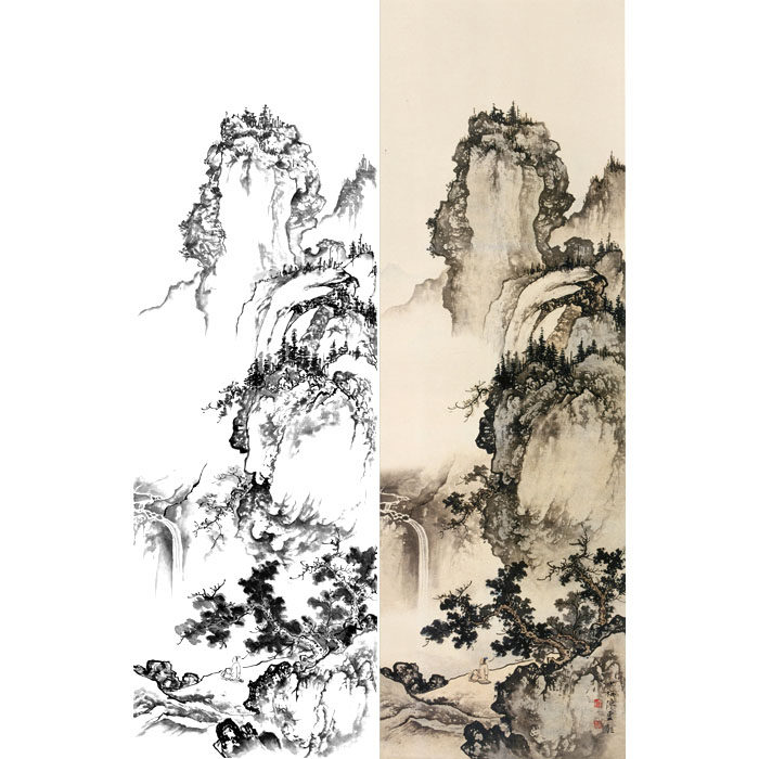 工笔画山水画白描底稿国画条幅山水高山流水画临摹勾线练习打印稿